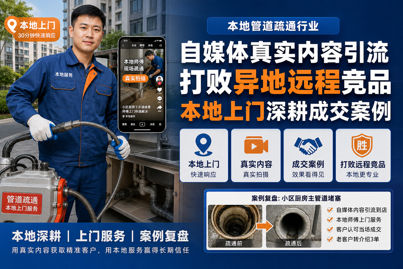 本地管道疏通行业|自媒体真实内容引流,打败异地远程竞品,本地上门深耕成交案例